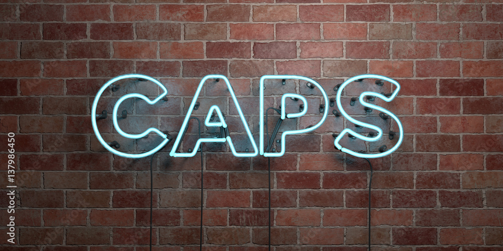 Obraz premium CAPS - fluorescent Neon tube Sign on brickwork - Front view - 3D rendered royalty free stock picture. Can be used for online banner ads and direct mailers..