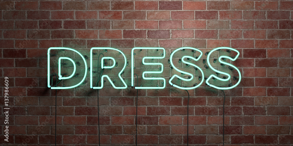 DRESS - fluorescent Neon tube Sign on brickwork - Front view - 3D rendered royalty free stock picture. Can be used for online banner ads and direct mailers.. DRESS - fluorescent Neon tube Sign on brickwork - Front view - 3D rendered royalty free stock picture. Can be used for online banner ads and direct mailers..