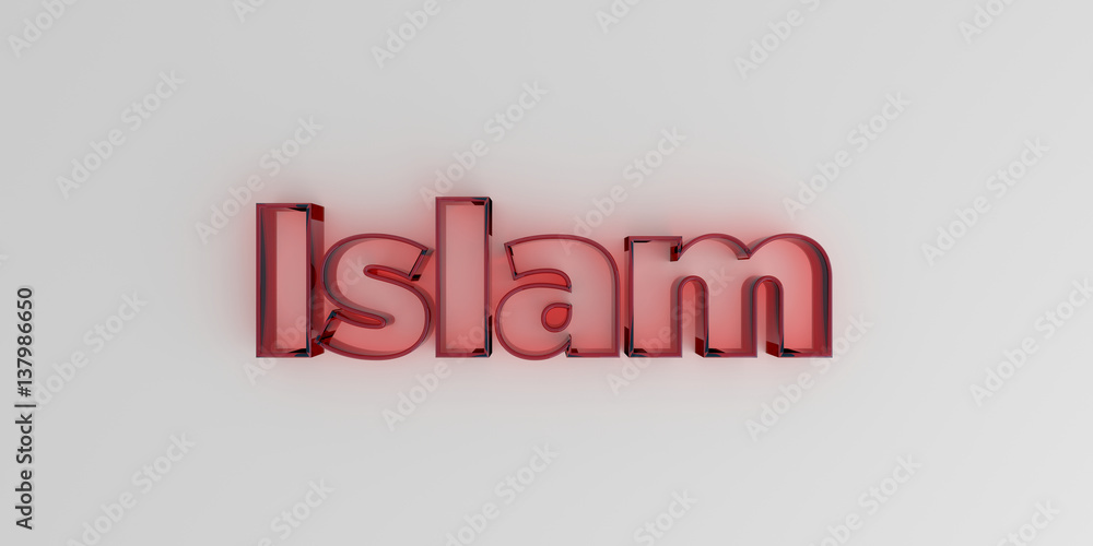 Obraz premium Islam - Red glass text on white background - 3D rendered royalty free stock image.