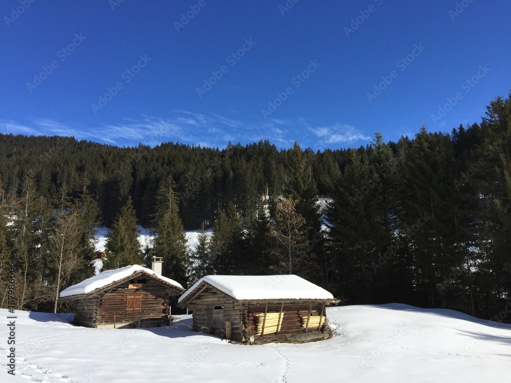 Berghütten im Schnee mit blauem Himmel in Beatenberg - Schweiz