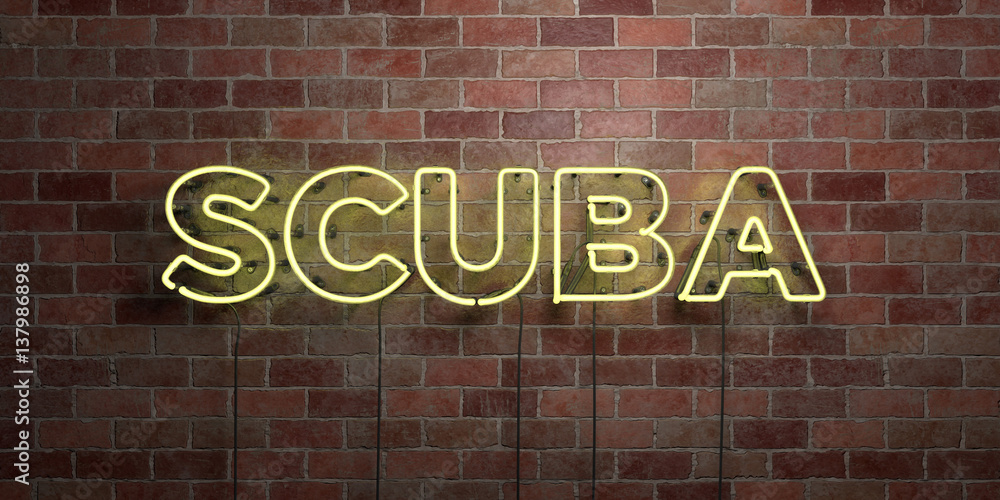 Obraz premium SCUBA - fluorescent Neon tube Sign on brickwork - Front view - 3D rendered royalty free stock picture. Can be used for online banner ads and direct mailers..