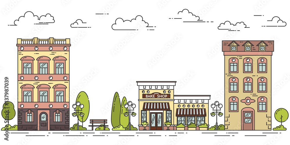 City landscape with houses cafe trees clouds Line art