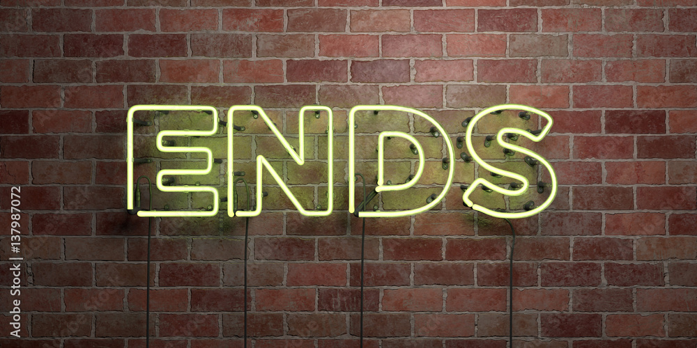 Obraz premium ENDS - fluorescent Neon tube Sign on brickwork - Front view - 3D rendered royalty free stock picture. Can be used for online banner ads and direct mailers..
