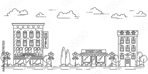 City landscape with houses cafe trees clouds Line art