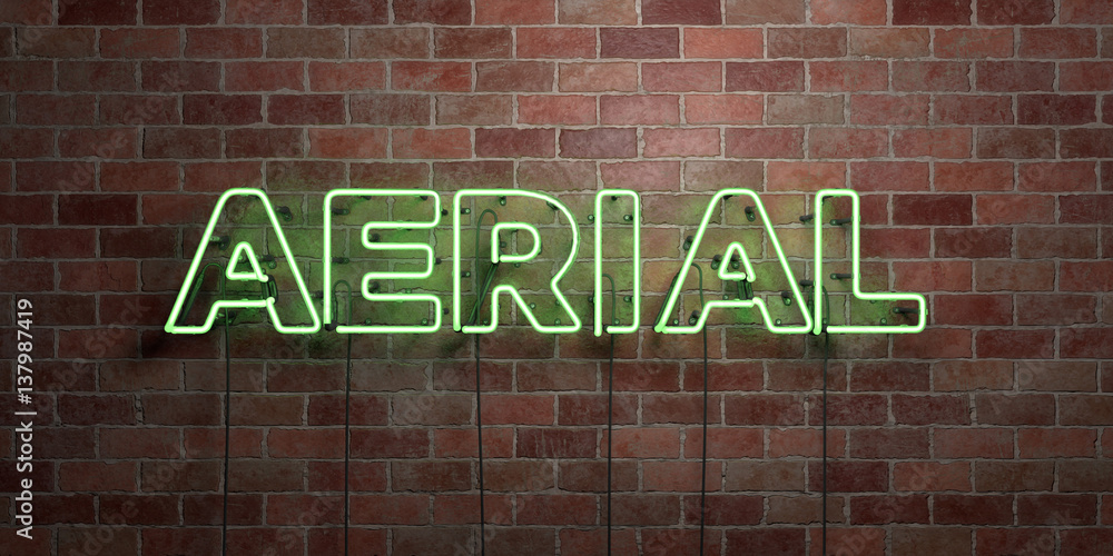 Obraz premium AERIAL - fluorescent Neon tube Sign on brickwork - Front view - 3D rendered royalty free stock picture. Can be used for online banner ads and direct mailers..