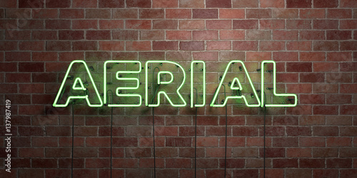 AERIAL - fluorescent Neon tube Sign on brickwork - Front view - 3D rendered royalty free stock picture. Can be used for online banner ads and direct mailers..