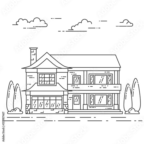 Suburb landscape with private separate house, yard on white background