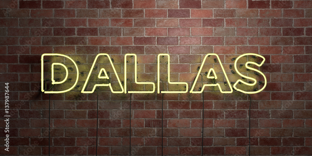 DALLAS - fluorescent Neon tube Sign on brickwork - Front view - 3D rendered royalty free stock picture. Can be used for online banner ads and direct mailers.. DALLAS - fluorescent Neon tube Sign on brickwork - Front view - 3D rendered royalty free stock picture. Can be used for online banner ads and direct mailers..