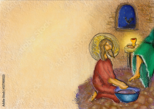 Washing of feet - Jesus Christ washing the feet of the apostles. Abstract artistic modern religious christian illustration