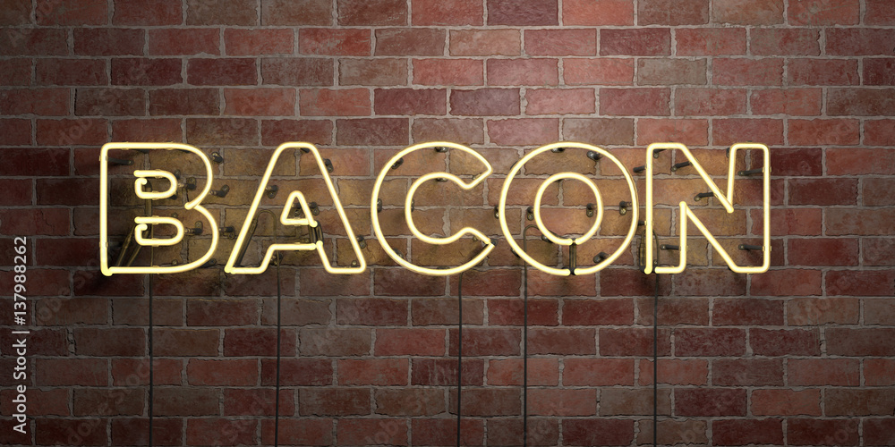 BACON - fluorescent Neon tube Sign on brickwork - Front view - 3D rendered royalty free stock picture. Can be used for online banner ads and direct mailers.. BACON - fluorescent Neon tube Sign on brickwork - Front view - 3D rendered royalty free stock picture. Can be used for online banner ads and direct mailers..