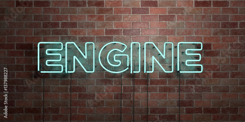 ENGINE - fluorescent Neon tube Sign on brickwork - Front view - 3D rendered royalty free stock picture. Can be used for online banner ads and direct mailers..