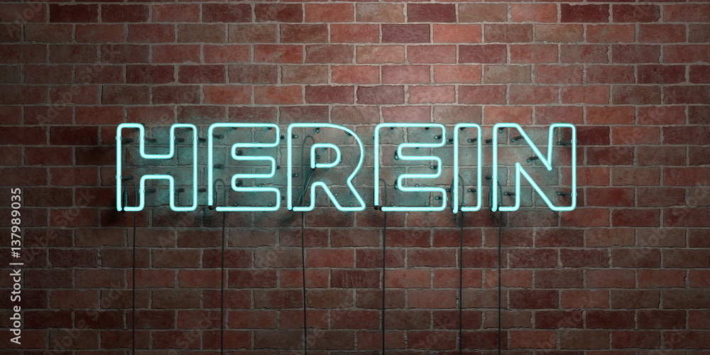 HEREIN - fluorescent Neon tube Sign on brickwork - Front view - 3D rendered royalty free stock picture. Can be used for online banner ads and direct mailers..
