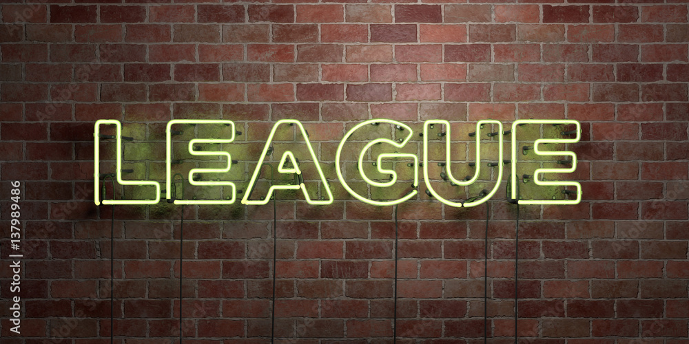 LEAGUE - fluorescent Neon tube Sign on brickwork - Front view - 3D rendered royalty free stock picture. Can be used for online banner ads and direct mailers.. LEAGUE - fluorescent Neon tube Sign on brickwork - Front view - 3D rendered royalty free stock picture. Can be used for online banner ads and direct mailers..
