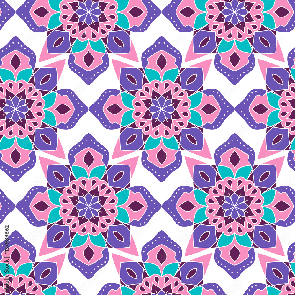 Seamless pattern. Decorative pattern with mandalas in beautiful colors. Vector background.