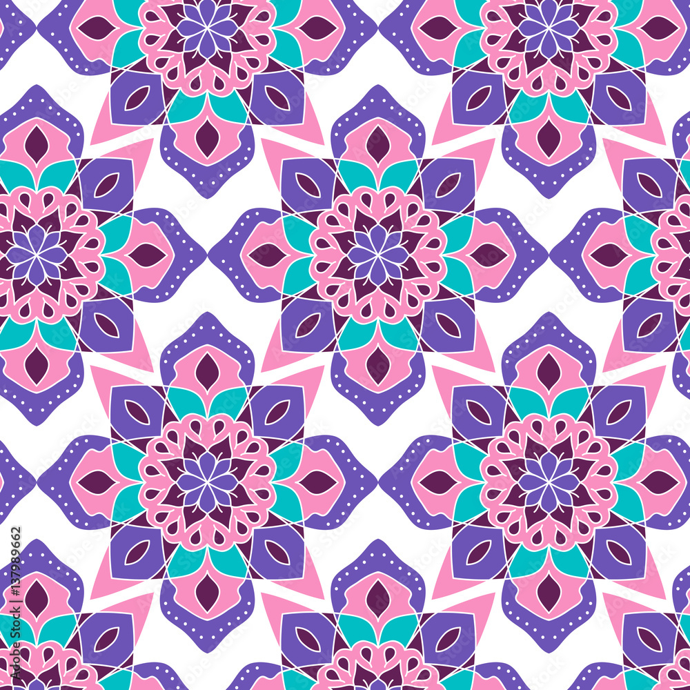 Seamless pattern. Decorative pattern with mandalas in beautiful colors. Vector background. Seamless pattern. Decorative pattern with mandalas in beautiful colors. Vector background.