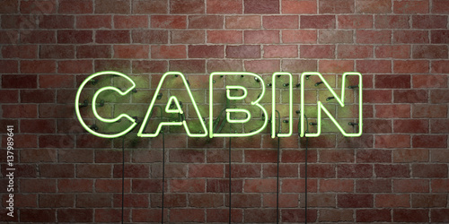 CABIN - fluorescent Neon tube Sign on brickwork - Front view - 3D rendered royalty free stock picture. Can be used for online banner ads and direct mailers..