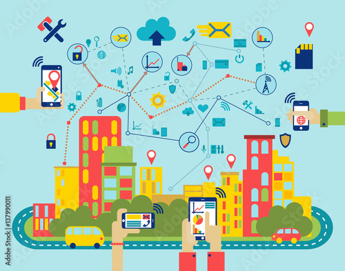 smart city landscape with defferent devices. mobile icons and simbols. mobile infographic