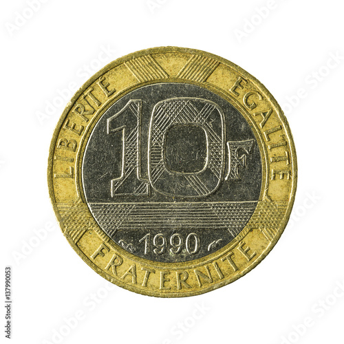 10 french franc coin (1990) obverse isolated on white background photo