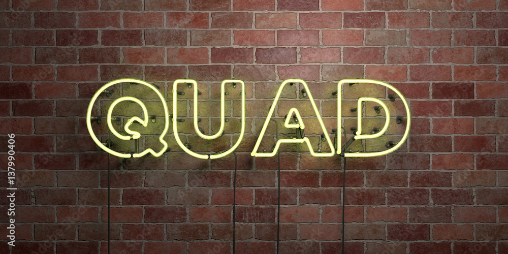 Obraz premium QUAD - fluorescent Neon tube Sign on brickwork - Front view - 3D rendered royalty free stock picture. Can be used for online banner ads and direct mailers..
