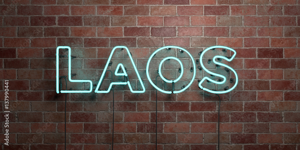 Obraz premium LAOS - fluorescent Neon tube Sign on brickwork - Front view - 3D rendered royalty free stock picture. Can be used for online banner ads and direct mailers..