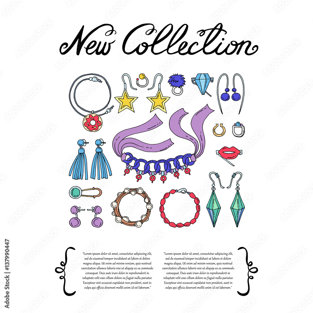 Obraz premium Cover with hand drawn colored jewelry. Set on the theme of new collection, fashion and beauty