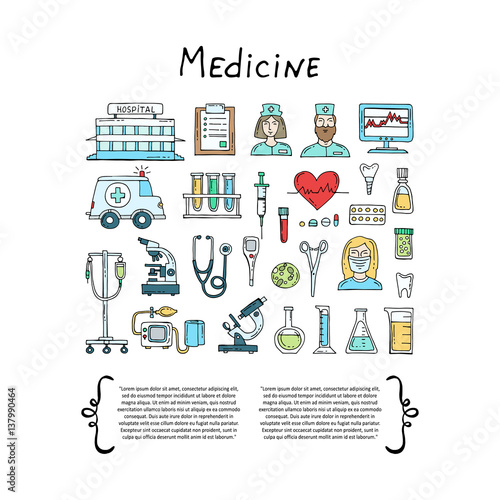 Cover with hand drawn colored symbols of hospital, pharmacy. Set on the theme of medicine, medical equipment, health