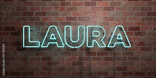 LAURA - fluorescent Neon tube Sign on brickwork - Front view - 3D rendered royalty free stock picture. Can be used for online banner ads and direct mailers..