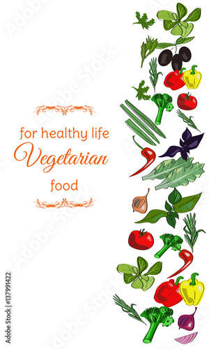 Vertical banner for vegitarian food. Restaurant menu, farms, vegetarian shops, healthy food design.