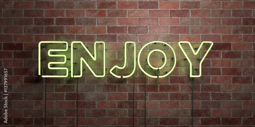Obraz premium ENJOY - fluorescent Neon tube Sign on brickwork - Front view - 3D rendered royalty free stock picture. Can be used for online banner ads and direct mailers..