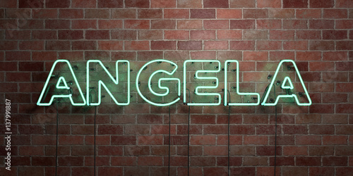 ANGELA - fluorescent Neon tube Sign on brickwork - Front view - 3D rendered royalty free stock picture. Can be used for online banner ads and direct mailers..