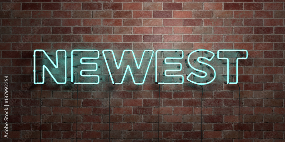 NEWEST - fluorescent Neon tube Sign on brickwork - Front view - 3D rendered royalty free stock picture. Can be used for online banner ads and direct mailers.. NEWEST - fluorescent Neon tube Sign on brickwork - Front view - 3D rendered royalty free stock picture. Can be used for online banner ads and direct mailers..