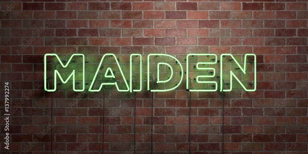 Obraz premium MAIDEN - fluorescent Neon tube Sign on brickwork - Front view - 3D rendered royalty free stock picture. Can be used for online banner ads and direct mailers..
