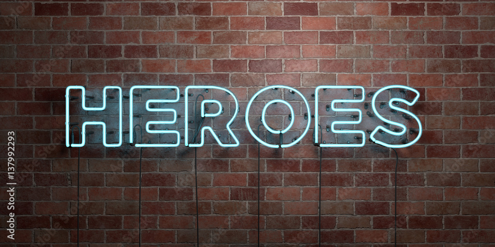 Fototapeta premium HEROES - fluorescent Neon tube Sign on brickwork - Front view - 3D rendered royalty free stock picture. Can be used for online banner ads and direct mailers..