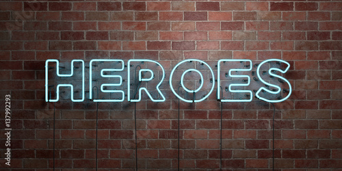 HEROES - fluorescent Neon tube Sign on brickwork - Front view - 3D rendered royalty free stock picture. Can be used for online banner ads and direct mailers.. photo