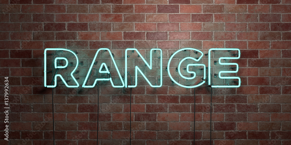 Obraz premium RANGE - fluorescent Neon tube Sign on brickwork - Front view - 3D rendered royalty free stock picture. Can be used for online banner ads and direct mailers..