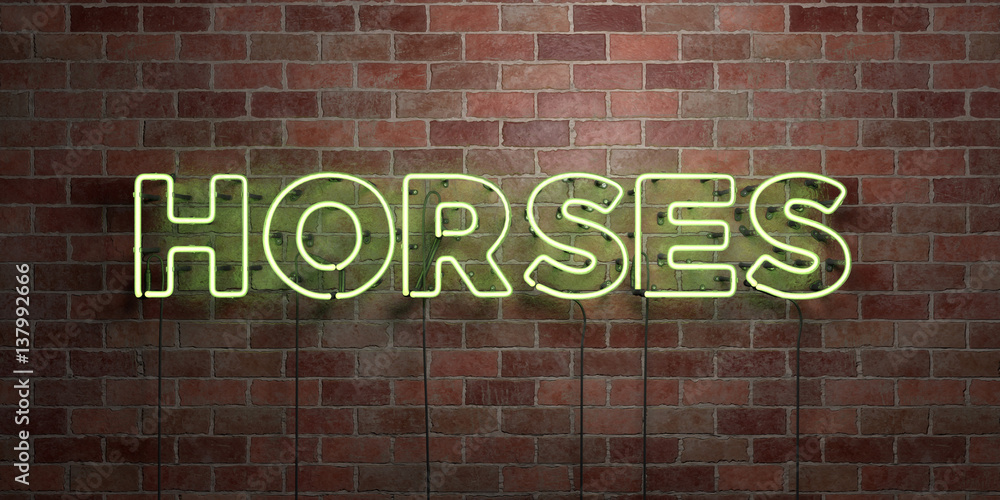 Obraz premium HORSES - fluorescent Neon tube Sign on brickwork - Front view - 3D rendered royalty free stock picture. Can be used for online banner ads and direct mailers..