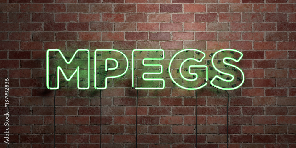 Obraz premium MPEGS - fluorescent Neon tube Sign on brickwork - Front view - 3D rendered royalty free stock picture. Can be used for online banner ads and direct mailers..