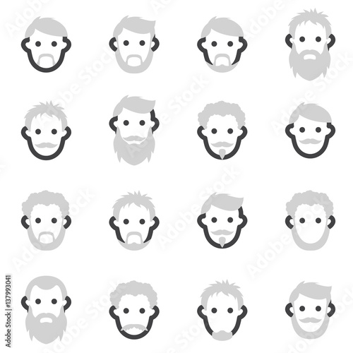 Set of vector icons on the theme of man s beard in a different style, barber, barber shop shaving in the cabin on a light background