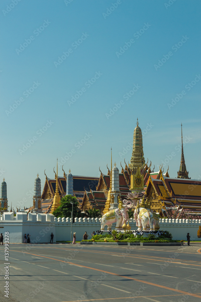 Temple Emerald Buddha - Grand palace and Wat Phra Kaew with Three Erawan (elephant) statues in Bangkok, Thailand