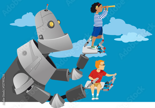 Giant robot holding little kids to the sky, helping them to look further ahead, EPS 8 vector illustration, no transparencies 