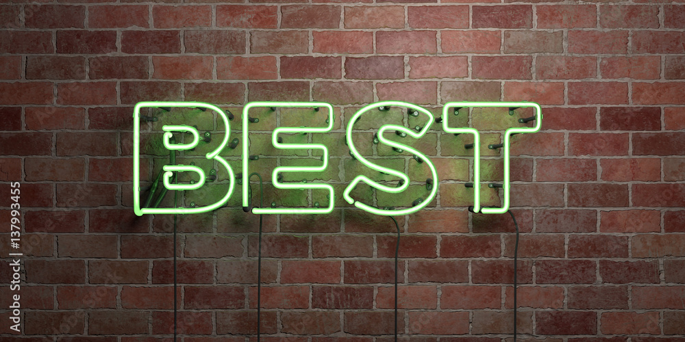 Fototapeta premium BEST - fluorescent Neon tube Sign on brickwork - Front view - 3D rendered royalty free stock picture. Can be used for online banner ads and direct mailers..