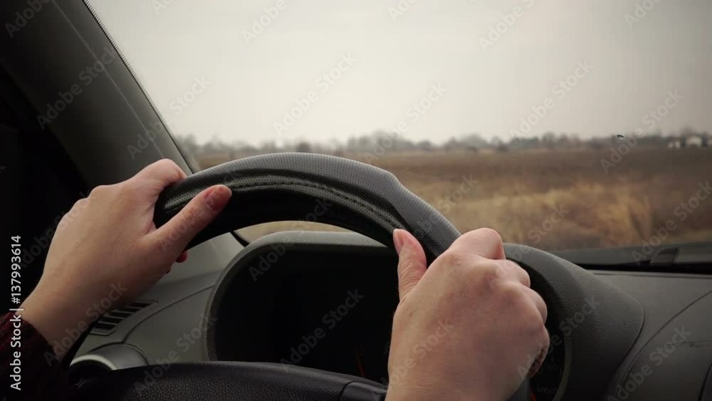 Woman driving car through countryside, hands on the steering wheel Woman driving car through countryside, hands on the steering wheel