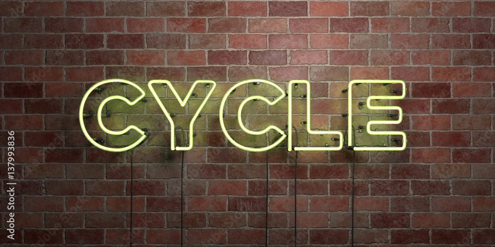 Obraz premium CYCLE - fluorescent Neon tube Sign on brickwork - Front view - 3D rendered royalty free stock picture. Can be used for online banner ads and direct mailers..
