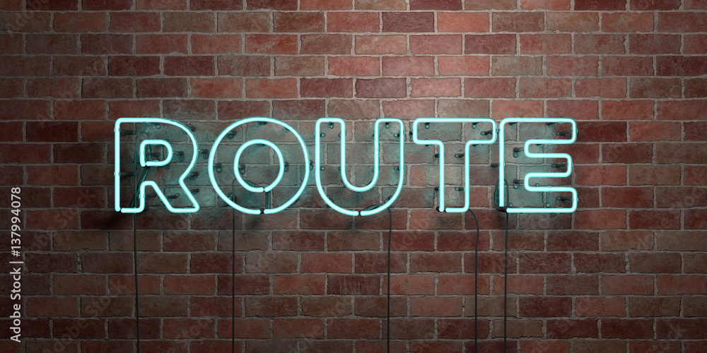 Fototapeta premium ROUTE - fluorescent Neon tube Sign on brickwork - Front view - 3D rendered royalty free stock picture. Can be used for online banner ads and direct mailers..