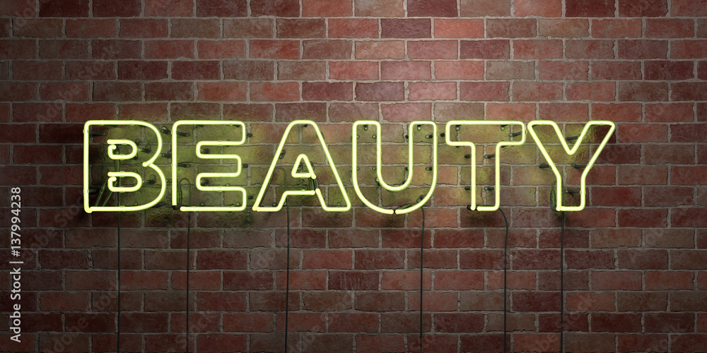 Obraz premium BEAUTY - fluorescent Neon tube Sign on brickwork - Front view - 3D rendered royalty free stock picture. Can be used for online banner ads and direct mailers..