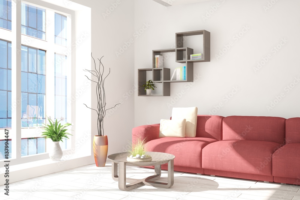 Fototapeta premium White room with sofa and urban landscape in window. Scandinavian interior design