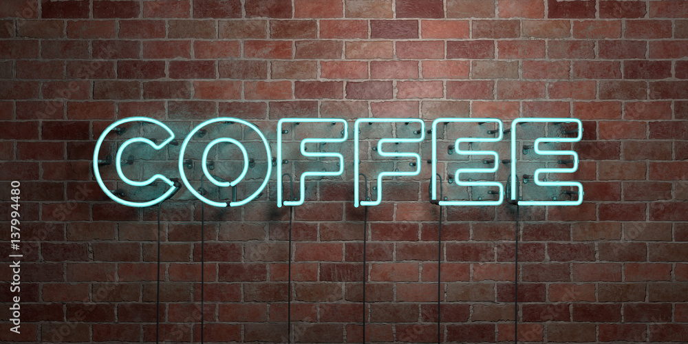 Obraz premium COFFEE - fluorescent Neon tube Sign on brickwork - Front view - 3D rendered royalty free stock picture. Can be used for online banner ads and direct mailers..