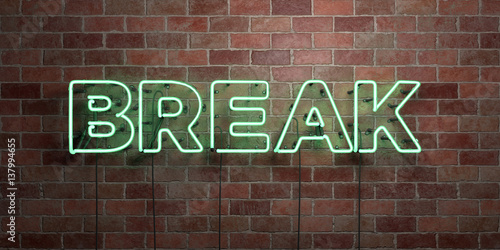 BREAK - fluorescent Neon tube Sign on brickwork - Front view - 3D rendered royalty free stock picture. Can be used for online banner ads and direct mailers.. photo