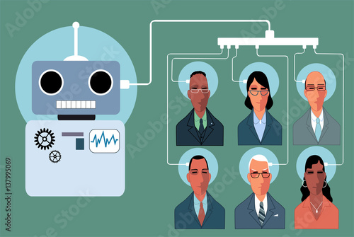 Group of business people connected to a robot, wires coming out from their brain, exchanging information with the machine, EPS 8 vector illustration