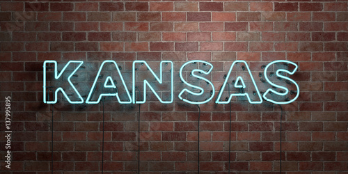 KANSAS - fluorescent Neon tube Sign on brickwork - Front view - 3D rendered royalty free stock picture. Can be used for online banner ads and direct mailers..